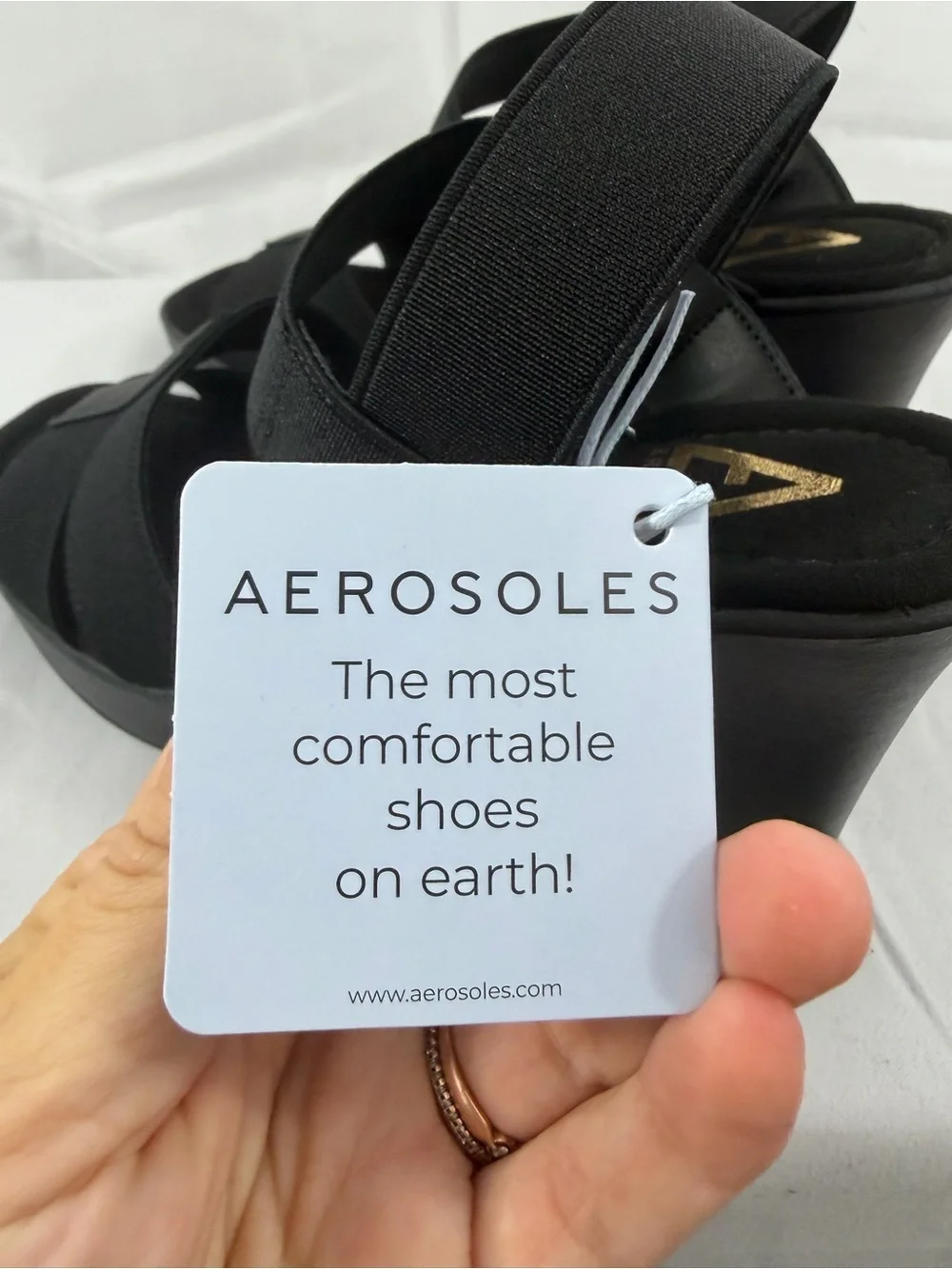 NWT Aerosoles Women's Size 6 Black Elastic-Strap Wedge Sandals